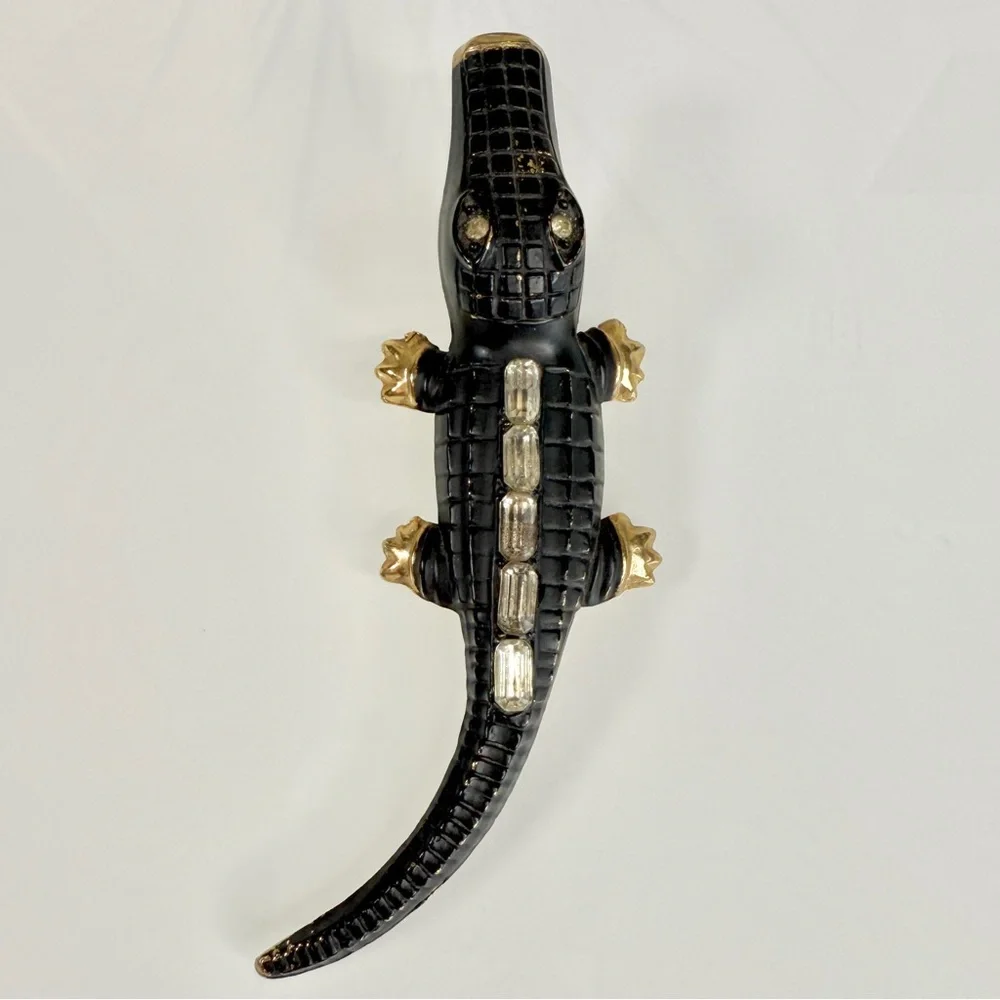 Vintage Gold Tone Metal & Black Alligator / Crocodile Clip - Picture 9 of 15